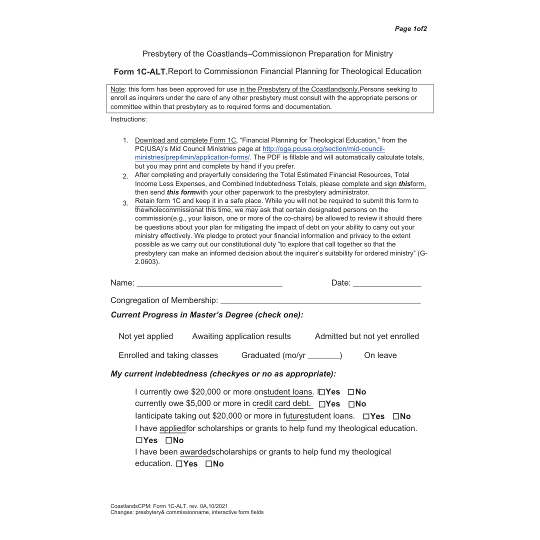 Form 1C-ALT, Report to Commission on Financial Pla